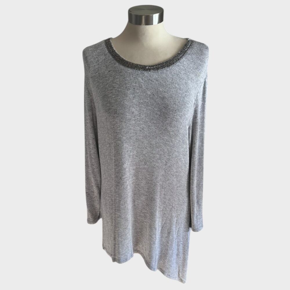 dressbarn Beaded XL Heather Gray Tunic Asymetrical Hem Rayon Polyester Spandex